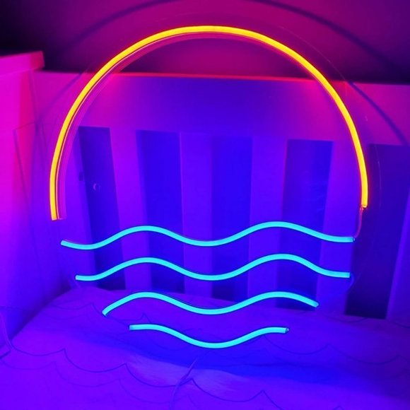 Neon Ocean Wave Sunset Blue Red Light Bedroom Beach Vacation Shelf Wall Decor - Picture 3 of 6